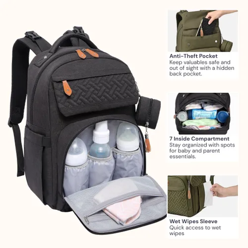 Miniatura 7 de BabbleRoo Mochila para pañales – Bolsa de pañales grande de viaje para bebé con cambiador, bolsas de bebé impermeables para mamá y papá, bolsas Negro