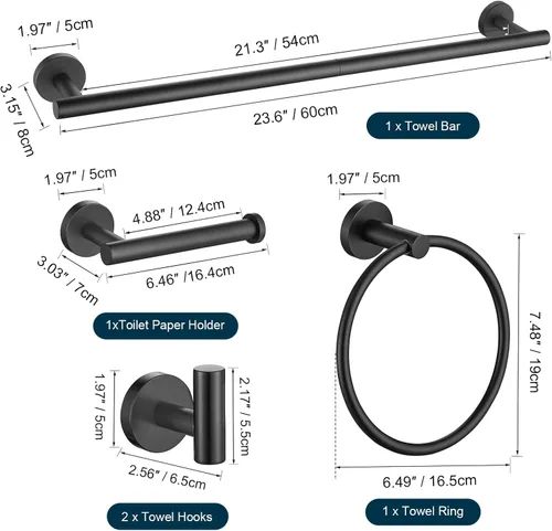 Miniatura 7 de TURS Juego de accesorios de baño negro mate 5 piezas, juego de barra de toalla de baño de acero inoxidable SUS304, kit de accesorios de baño de 24