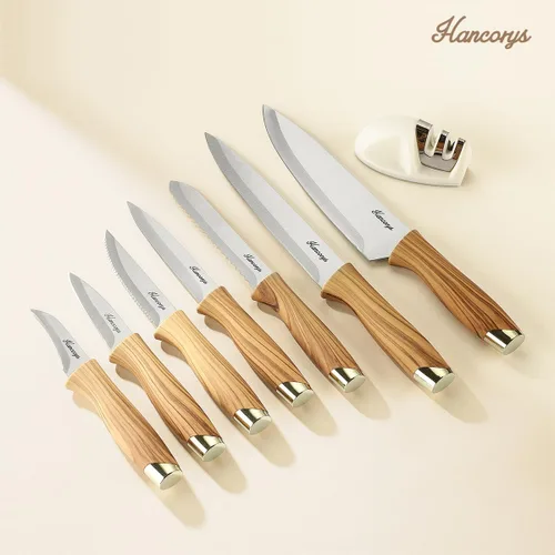 Miniatura 7 de Juego de cuchillos de cocina con afilador, juego de cuchillos de acero inoxidable alemán dorado con bloque y mango ergonómico de grano de madera