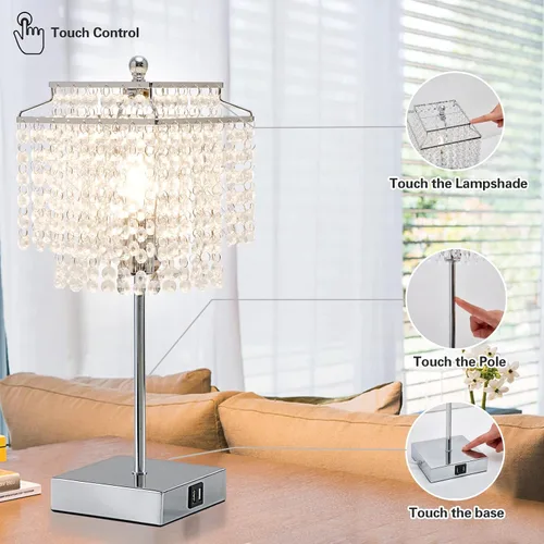 Miniatura 4 de Luvkczc Lámpara de Mesa de Cristal con Control Táctil Juego de 2, Lámpara de Mesa de Noche USB con Puertos USB C+A, Lámpara Regulable con Pantalla