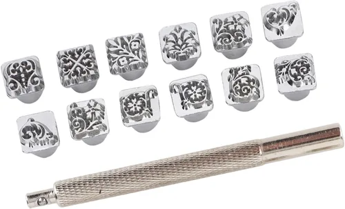 Miniatura 6 de 12 herramientas de estampado de cuero, 12 patrones de aleación de zinc, herramientas de punzón, diseño de flores, para manualidades de cuero