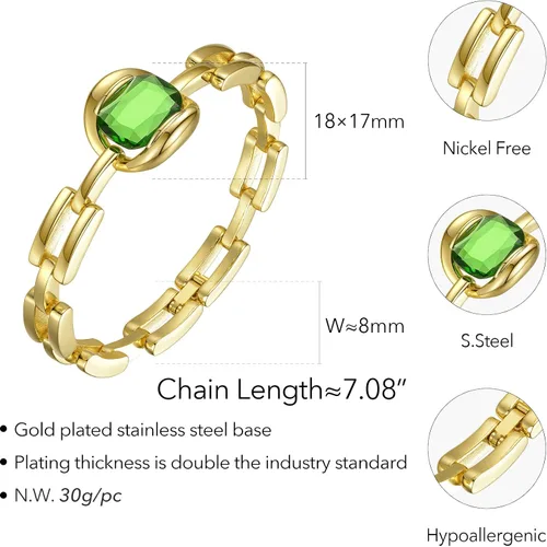Miniatura 2 de EF ENFASHION Pulsera de eslabones de piedra de circonita verde, acero inoxidable, chapado en oro de 18 quilates, pulsera punk, para mujeres y niñas