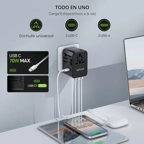 Miniatura 3 de EPICKA Adaptador de viaje universal, adaptador de enchufe internacional GaN con 3 USB-C de carga rápida PD de 70W y 2 USB-A todo en uno cargador