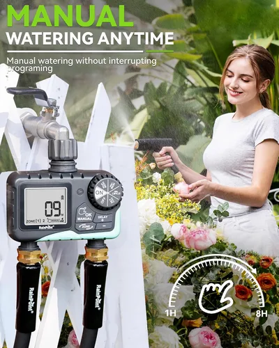 Miniatura 5 de RAINPOINT Temporizador de agua para manguera de jardín, temporizador de rociador de 2 zonas con retardo de lluvia, riego manual, riego automático