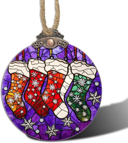 Miniatura 16 de Decoraciones navideñas de vitrales, colgante de campana pequeña para ventana, árbol de Navidad, adornos colgantes retro verde atrapasoles de Verde