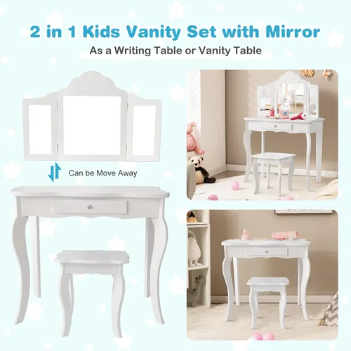 Miniatura 3 de HONEY JOY Juego de tocador para niños con espejo, mesa de tocador de madera 2 en 1 con taburete, espejo plegable y cajón, parte superior extraíble