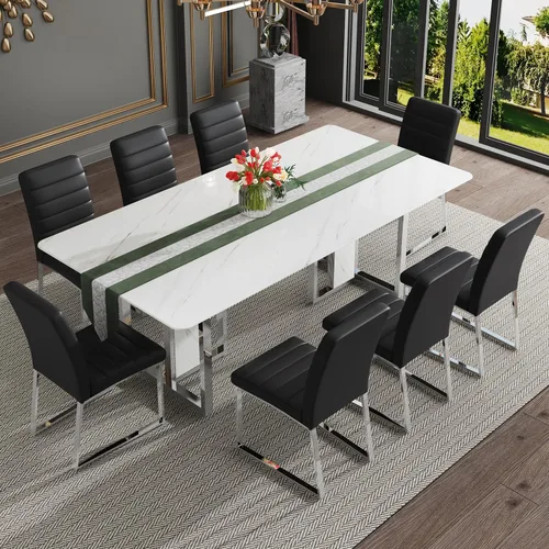 Miniatura 18 de Juego de mesa de comedor moderno de 67 pulgadas para 6, juego de mesa de cocina blanca, juego de mesa de comedor de lujo con mesa de mármol