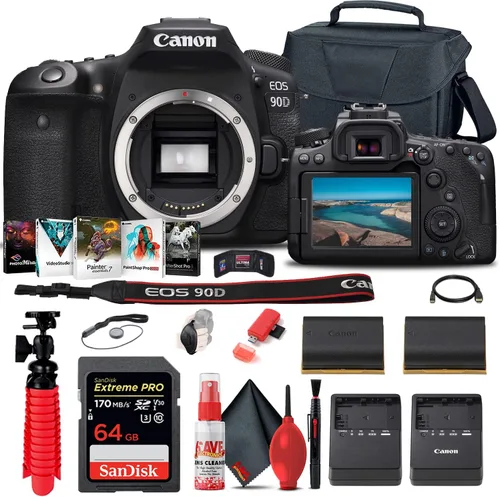 Canon Cámara DSLR EOS 90D (solo cuerpo) (3616C002) + tarjeta de memoria de 64 GB + funda + software de foto Corel + batería LPE6 + cargador + lector
