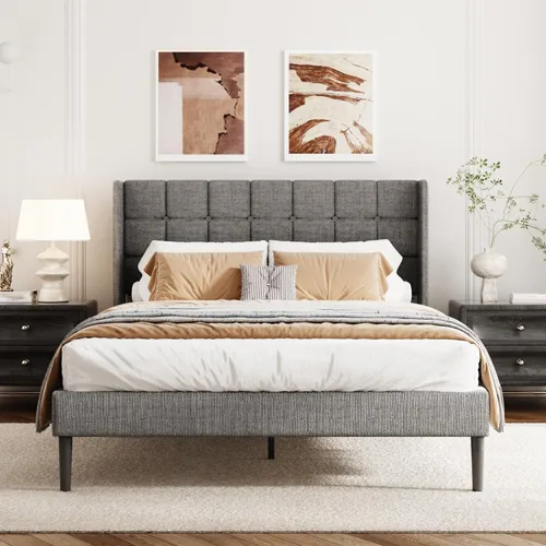 Base de cama tamaño matrimonial con cabecera con respaldo de ala, base de cama tapizada de lino con cabecera capitoné con botones, soporte de