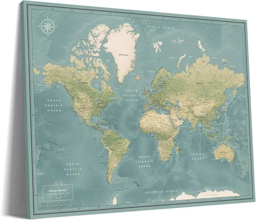 Tablero de pinboard de mapa del mundo detallado prémium sobre lienzo, mapa interactivo con alfileres, perfecto para marcar tus aventuras y recuerdos