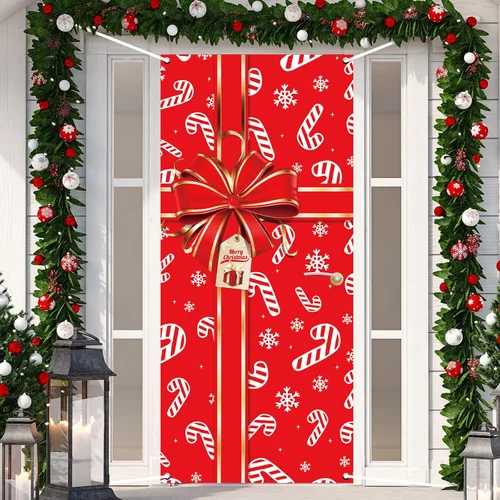 Miniatura 8 de Cartel de Navidad para puerta, decoración de Feliz Navidad, búfalo a cuadros rojos y negros, telón de fondo de caja de regalo de Navidad, lazo