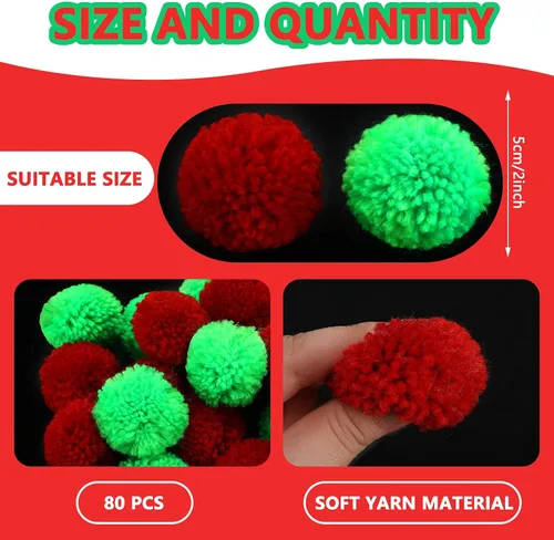 Miniatura 3 de Janinka 80 pompones de Navidad de 2 pulgadas, para artes y manualidades, bolas grandes brillantes para adultos, decoración de Navidad (rojo, verde)