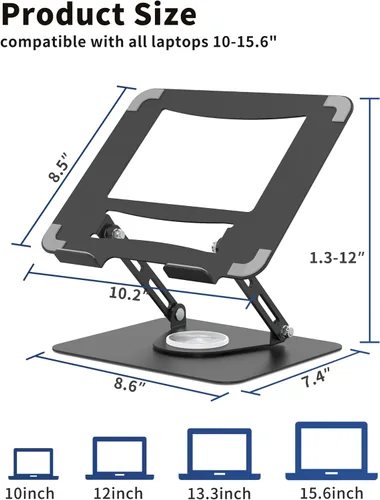 Miniatura 2 de ALASHI Soporte para laptop para escritorio con base giratoria de 360°, soportes ajustables para laptop multiángulo, elevador plegable para laptop