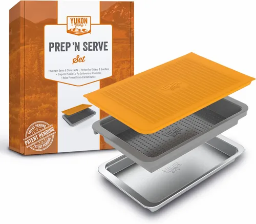 Miniatura 9 de Yukon Glory Prep 'N Serve - Juego de bandeja para preparar y servir BBQ con tapa + Plato para servir de acero inoxidable - Apilable, apto