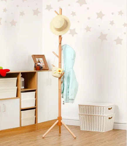 Miniatura 7 de Perchero de madera de haya para niños, soporte de altura ajustable con 9 ganchos, organizador de ropa infantil independiente para pasillo, Natural