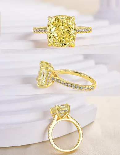 Miniatura 20 de Anillo de compromiso de corte cojín de 4 quilates para mujer, piedra blanca/amarilla grado 5A, circonita cúbica S925, plata, amarillo/blanco/oro rosa