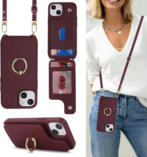 Lipvina Funda para iPhone 13 Mini con tarjetero y correa para mujer, cordón cruzado, soporte de anillo con soporte, cierre a presión, bloqueo RFID,