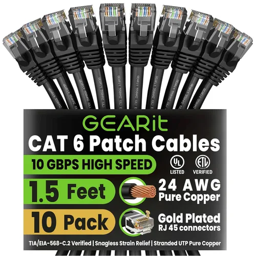 Miniatura 81 de Paquete de Cable Ethernet Cat 6 GEARit - Pack de 10 cables de conexión Ethernet Cat6 de 15 pies Cable de conexión de red RJ45, conectores dorados