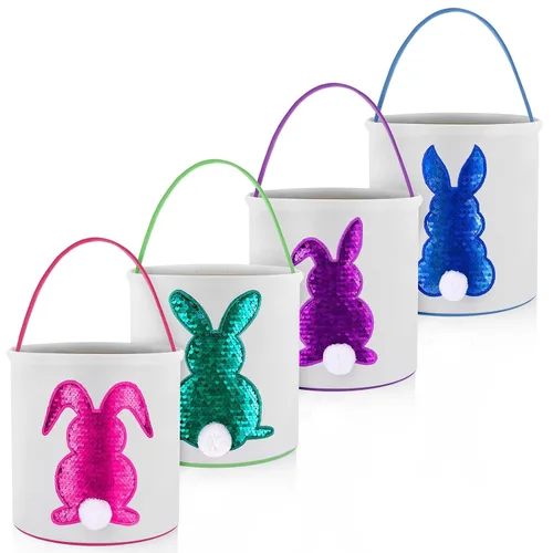 Miniatura 13 de 4 unidades de cesta de conejo de Pascua para niños, bolsas de tela de algodón, vacías personalizadas, cesta de huevos de caramelo, cubos
