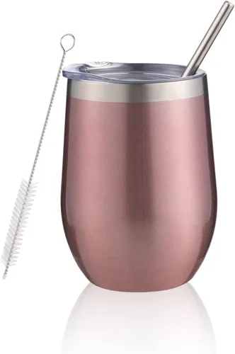 Miniatura 25 de Vaso de vino aislado de 12 onzas con tapa y pajita, vaso de vino de acero inoxidable sin tallo de doble pared, vaso de vino al vacío a granel