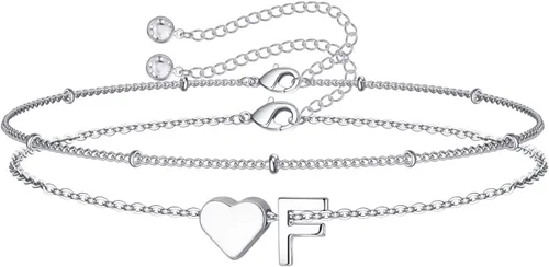 Miniatura 26 de M MOOHAM Pulseras de oro con inicial de corazón para mujer, pulseras con dije de letra A-Z de corazón dorado en capas para mujer, pulseras