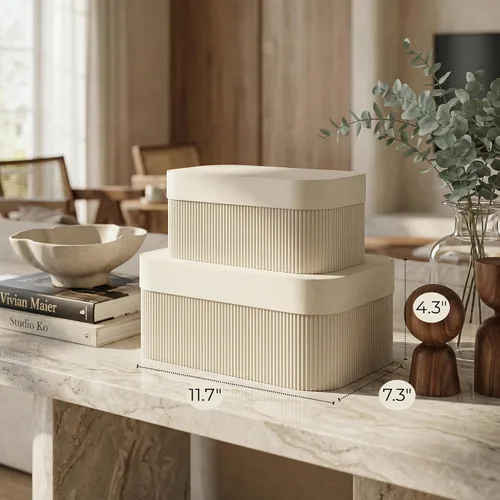 Miniatura 3 de Cajas de almacenamiento decorativas con tapas: juego de 2 hermosos cubos organizadores de cartón acanalado para la decoración de estanterías de tu