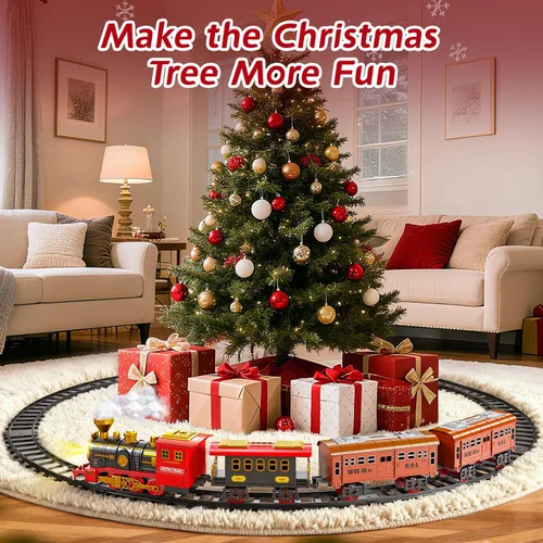 Miniatura 4 de Juego de tren eléctrico para niños, juguetes de tren de Navidad con humo, luz y sonido, pistas de tren de construcción de bricolaje debajo del árbol