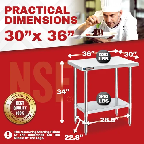 Miniatura 3 de DuraSteel Mesa de trabajo de acero inoxidable de 30 x 36 pulgadas, mesa de metal de preparación comercial NSF, soporte para horno de pizza al aire