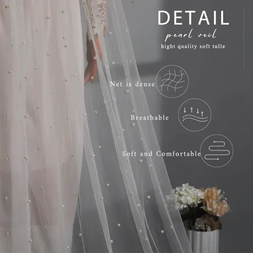 Miniatura 5 de Velos de novia con perlas y flores, catedral, velo de novia, 118 pulgadas, velos para novias, 1 nivel, longitud de los dedos, peine para el cabello