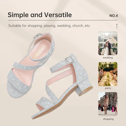 Miniatura 8 de Sandalias para niñas, tacones para niños, puntera abierta, correa al tobillo, zapatos de vestir, flores para boda, fiesta para niños pequeños
