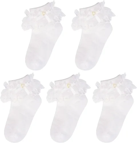 Miniatura 8 de Looching 5 pares de calcetines de encaje con volantes y lazo con volantes de malla con ojales de princesa, calcetines de vestir al tobillo