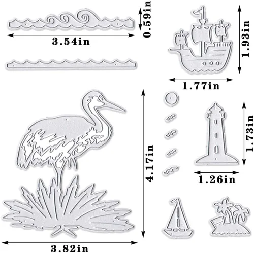Miniatura 2 de Hying 2 troqueles de fondo de barco de flamenco para hacer tarjetas, troqueles de corte de ondas de faro de verano para álbumes de recortes, papel