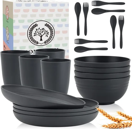 Juegos de vajilla de paja de trigo, Homienly 20 piezas de vajilla irrompible apta para microondas y lavavajillas, cubiertos ligeros, cuencos, tazas,