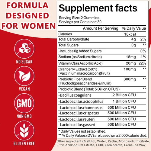 Miniatura 2 de Gomitas de probióticos vaginales para mujeres, gomitas femeninas de equilibrio de pH premium, olor saludable, equilibrio de levadura y flora +