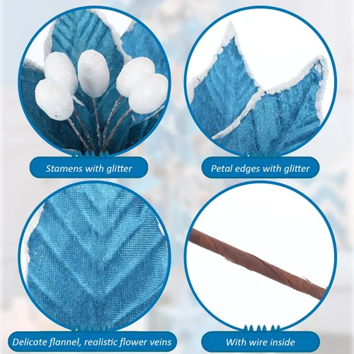 Miniatura 3 de Zeyune 6 Piezas Flores de Pascua Azules de Navidad Artificiales Grandes Espinas de Pascua Falsas Flores de Franela con Borde Helado para Adornos