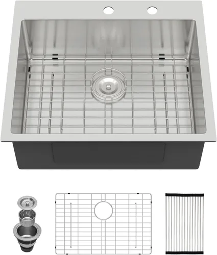 Miniatura 42 de Fregadero de cocina de 25 pulgadas, fregadero de un solo cuenco, color negro mate, calibre 18, 25 x 22 pulgadas, acero inoxidable, montaje superior