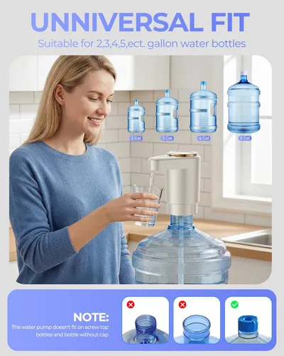 Miniatura 5 de Bomba de jarra de agua para botella de 5 galones, dispensador de carga eléctrico portátil USB-C, motores duales potentes, flujo rápido, se adapta a