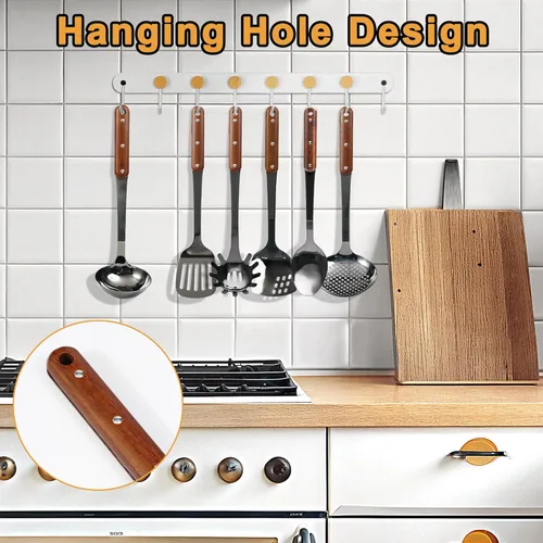Miniatura 3 de Juego de utensilios de cocina de acero inoxidable pulido con espejo, juego de 6 utensilios de cocina con mango de madera, juego de herramientas