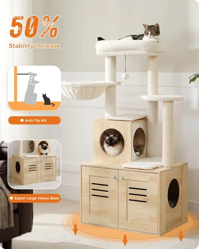 Miniatura 2 de MUTTROS Árbol para gatos con caja de arena, árbol moderno de 50 pulgadas para gatos grandes y gordos con condominio para gatos, muebles de madera