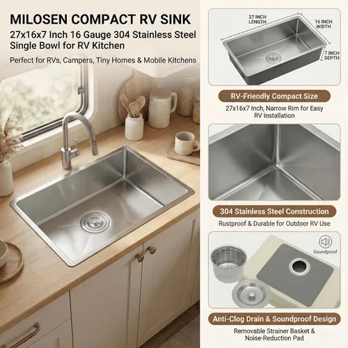 Miniatura 5 de MILOSEN Fregadero de cocina para RV, 27''×16''×7'' Fregadero de cocina de acero inoxidable empotrable/bajo encimera, Fregaderos de un solo tazón