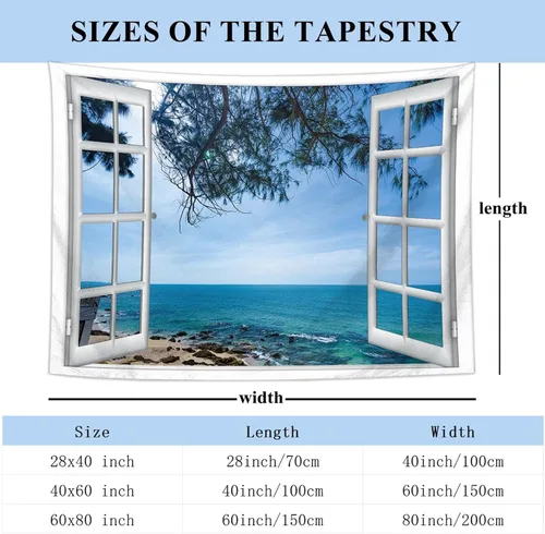 Miniatura 5 de Tapiz azul para ventana de playa y océano para colgar en la pared, árbol costero, paisajes naturales, arte lindo y pequeño tapiz estético