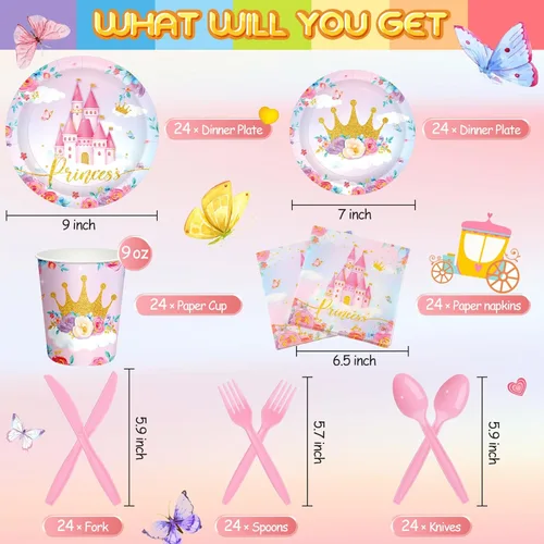Miniatura 2 de Meanplan 168 piezas de decoración de fiesta de princesa, platos y servilletas de princesa, juego de vajilla desechable de castillo para niñas