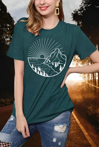 Miniatura 3 de Camiseta de senderismo para mujer, camiseta de montaña con estampado gráfico de naturaleza y amanecer, camiseta de verano de manga corta