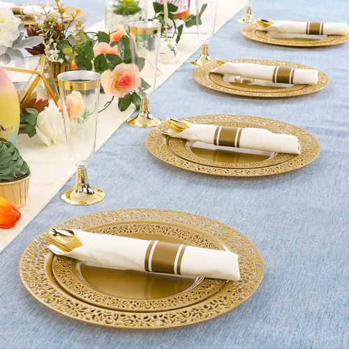 Miniatura 2 de DaYammi 210 platos desechables de oro sólido con cubiertos y tazas, platos de plástico dorado para fiesta incluyen: 30 platos llanos, 30 platos