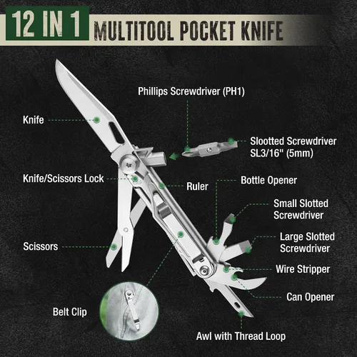 Miniatura 2 de Mossy Oak - Cuchillo multiherramienta plegable de bolsillo 12 en 1 con funda, cuchillo multiherramienta de acero inoxidable con clip, herramientas