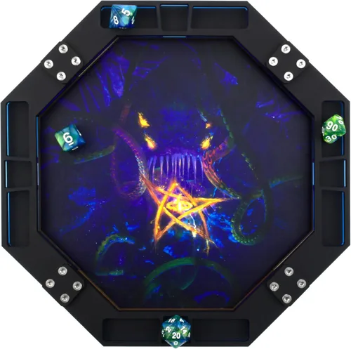 C4Labs Bandeja rodante de dados octágonos de 10 pulgadas – Cartel de anciano impreso Cthulhu Lord of The Deep - Azul, cuero vegano