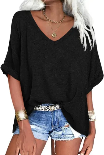 UNCLECAT Camisetas de gran tamaño con cuello en V para mujer, camisas de manga corta de verano, holgadas, casuales