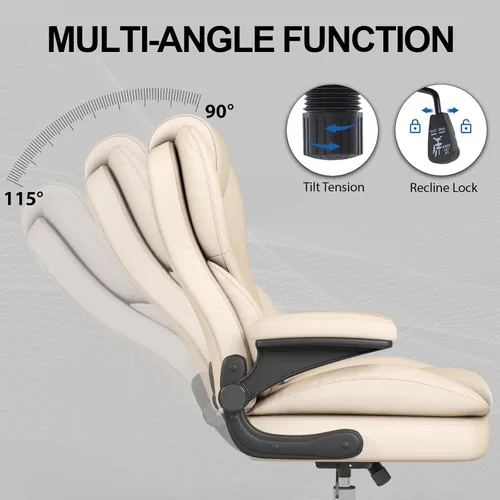 Miniatura 9 de Hovos Silla de oficina, ergonómica grande y alta silla de cuero de escritorio con brazos abatibles acolchados, bloqueo de inclinación ajustable