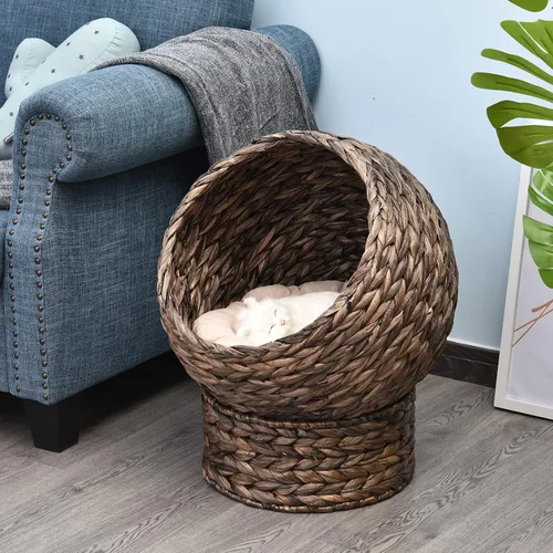 Miniatura 2 de PawHut Cama Elevada Tejida a Mano para Gatos con Cojín Suave y Forma de Silla de Huevo, Casa Canasta para Gatitos con Soporte, Cama Elevada