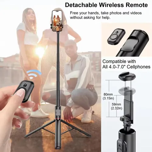Miniatura 2 de Palo selfie de 72 pulgadas, trípode todo en 1, kit de video con control remoto inalámbrico integrado, portátil, ligero, trípode extensible